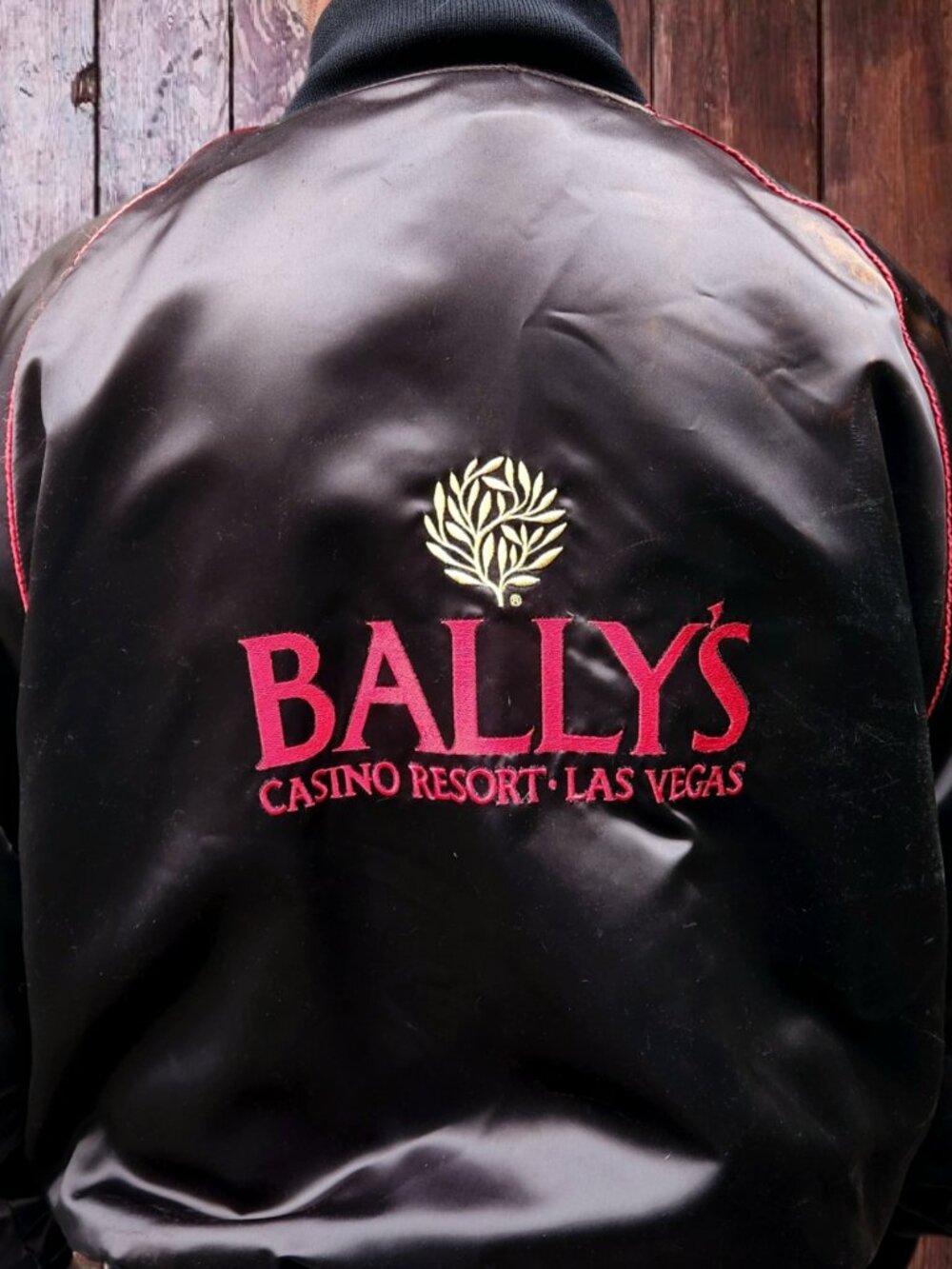 Vintage Bally’s Casino Las Vegas XL Black Satin Bomber Jacket Back Embroidery